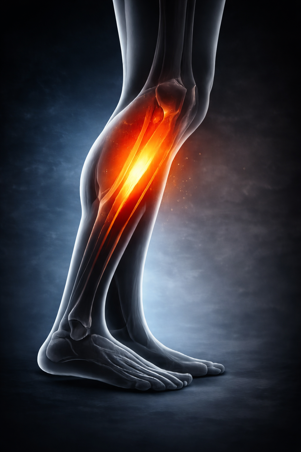 Ankle and calf pain relief illustration showing muscle strain and inflammation