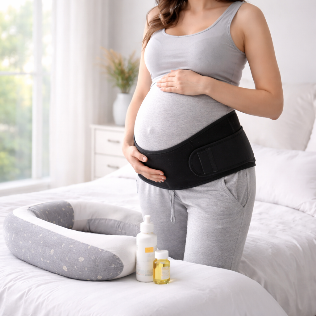 Maternity comfort products including pregnancy support belt and nursing pillow