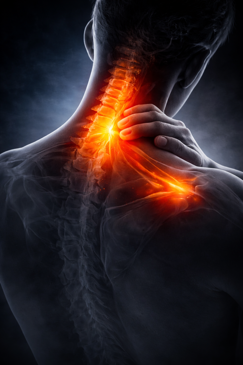 Neck and shoulder pain relief showing cervical spine tension and muscle inflammation