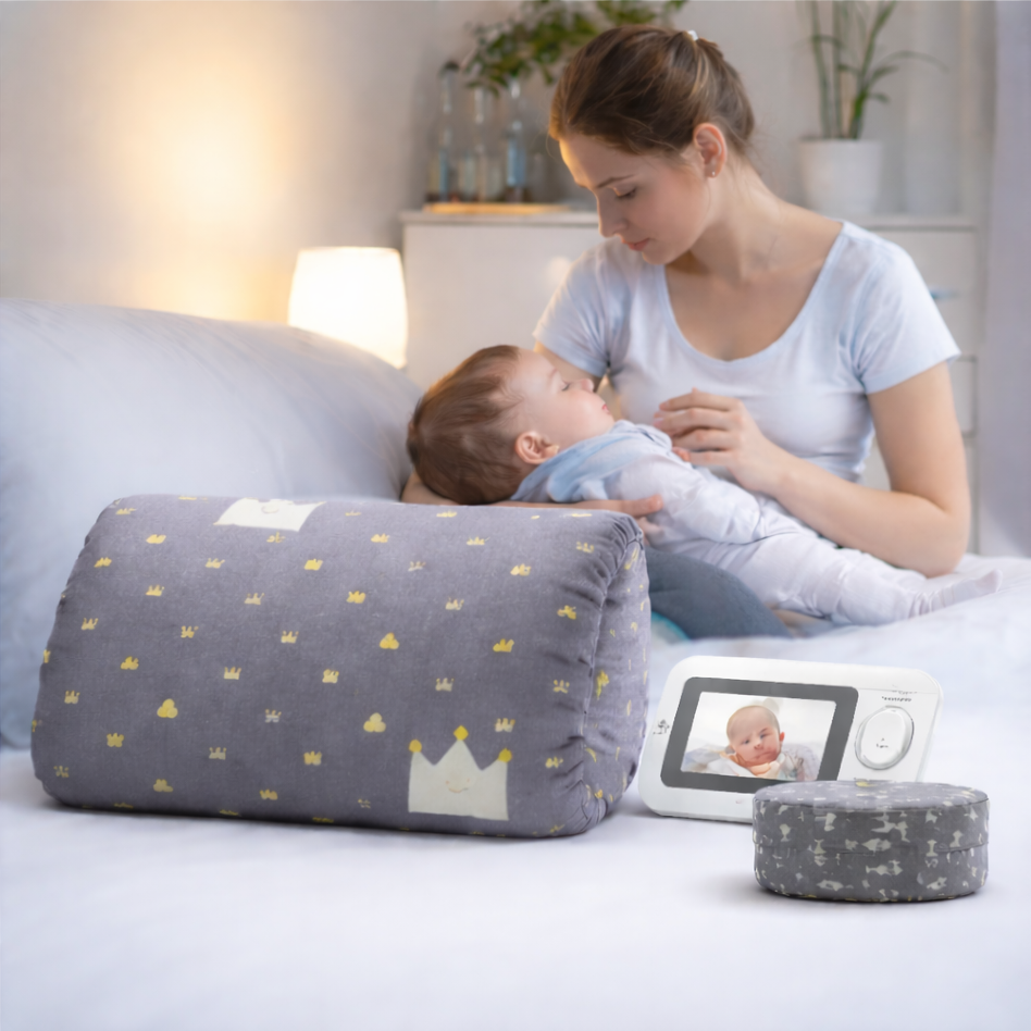 Mother using baby nursing pillow while feeding newborn comfortably at home