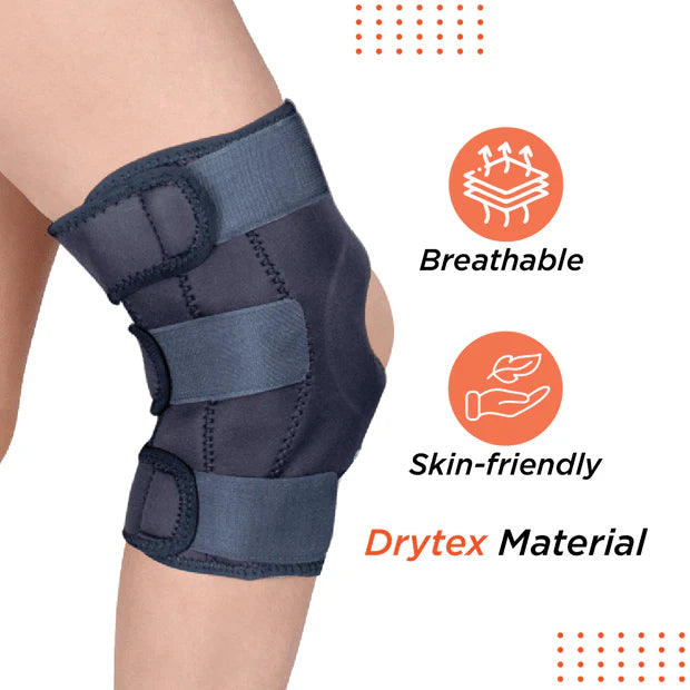 Knee brace on a person's leg with Drytex material features highlighted.