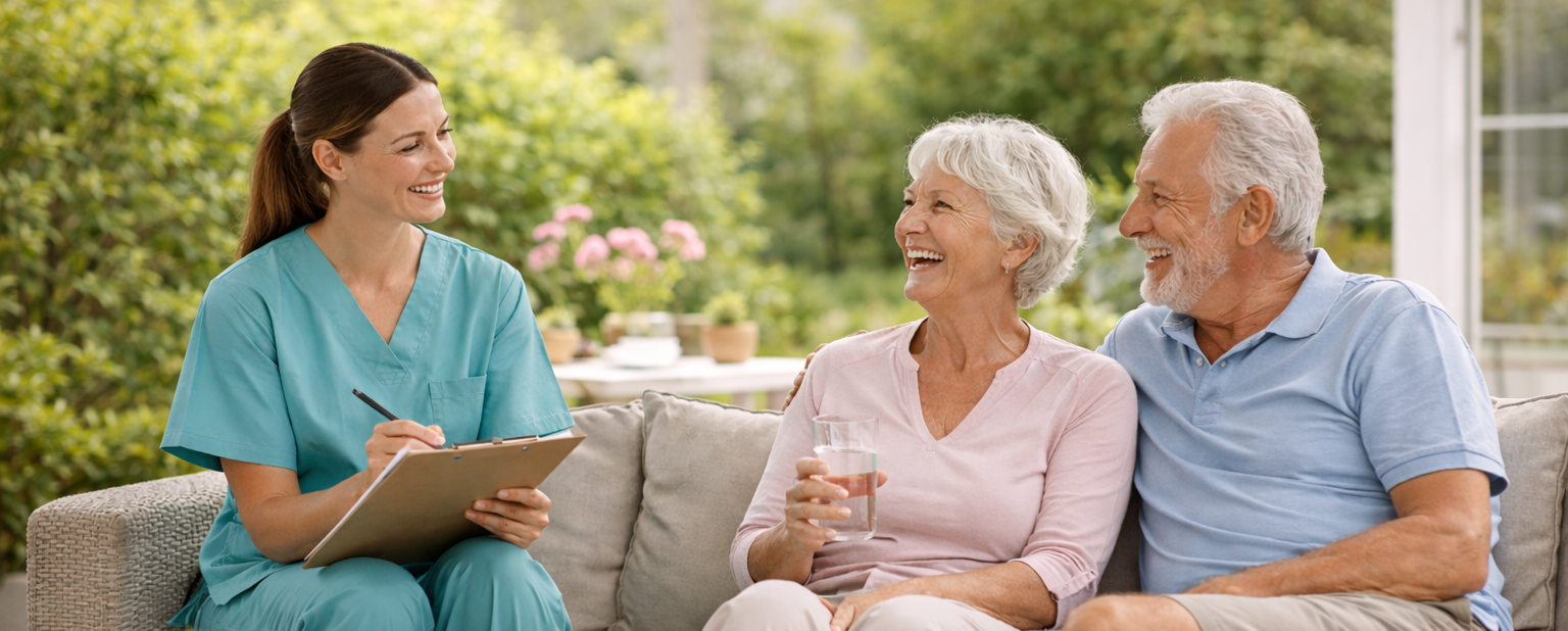 Nurse with a tablet interacting with an elderly couple outdoors.