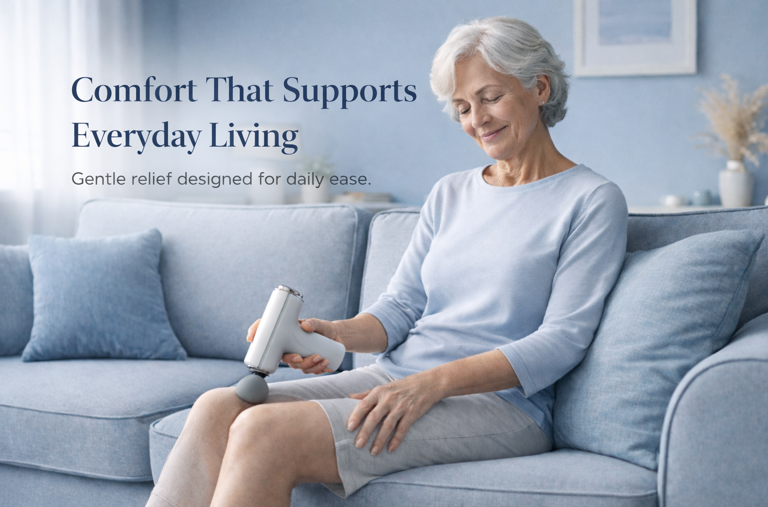 Woman using a device on her leg while sitting on a couch with text about comfort and daily living.