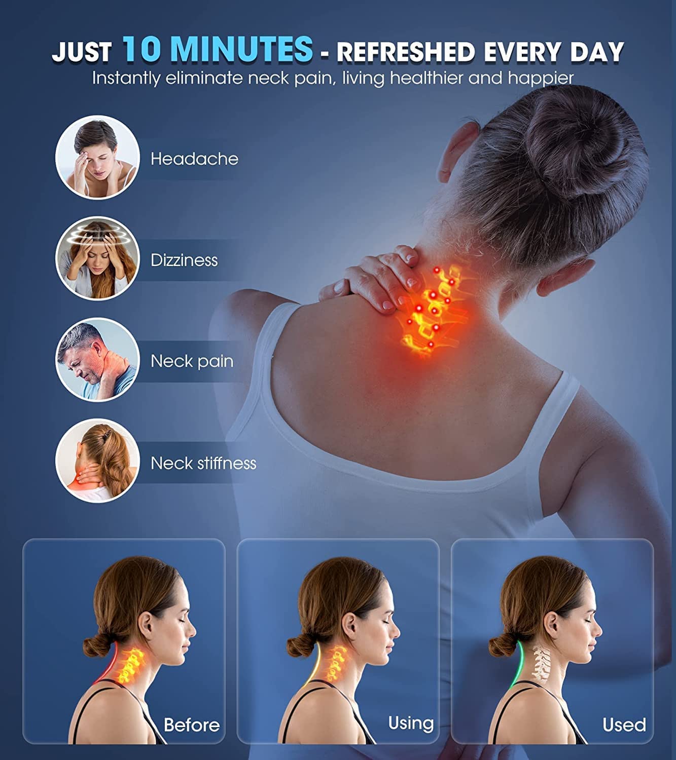Advertisement for a neck pain relief product with images of people experiencing neck pain and text about relief benefits.