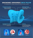 Ergonomic orthopedic neck pillow with blue color and text explaining its features on a dark blue background.