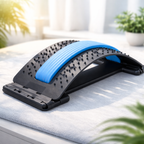 Black and blue back stretcher on a white surface with blurred background