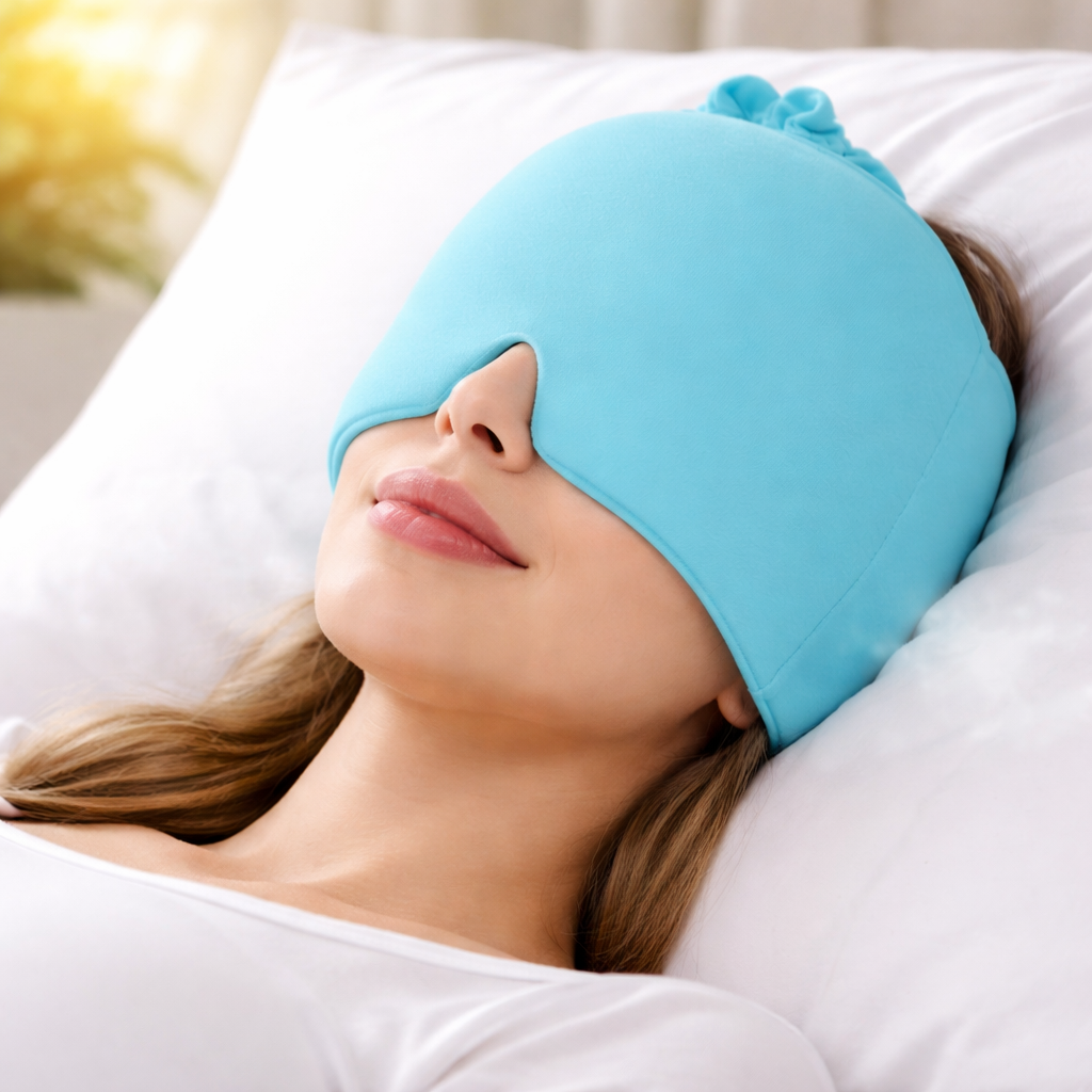 Person wearing a blue sleep mask on a white pillow