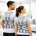Two people wearing shirts with back correction design in a bright room.