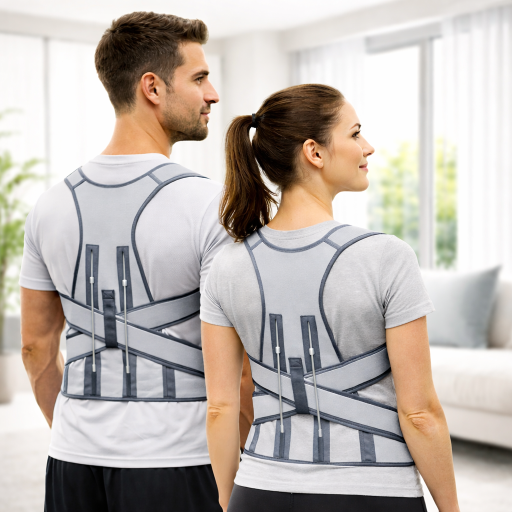 Two people wearing shirts with back correction design in a bright room.