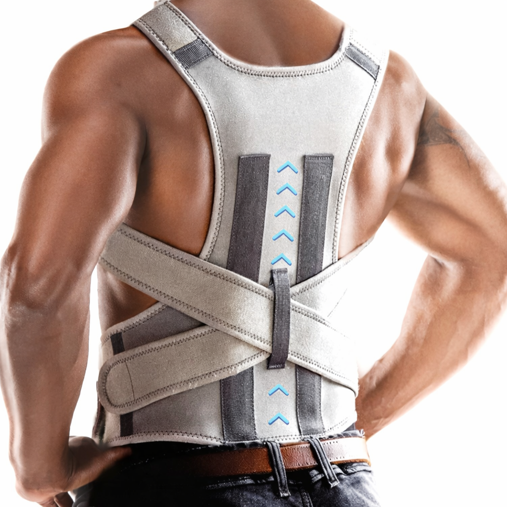 Person wearing a gray back brace with blue accents on a white background