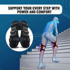 Black knee support brace with a person using it on stairs, labeled 'Support your every step with power and comfort'.