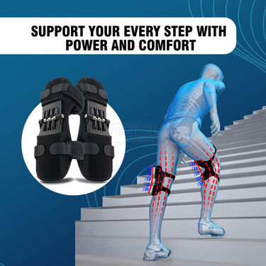 Black knee support brace with a person using it on stairs, labeled 'Support your every step with power and comfort'.