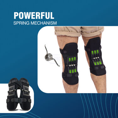 Knee brace with spring mechanism on a blue background