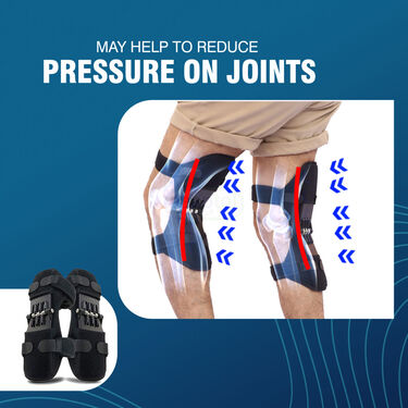 Knee brace with text 'May help to reduce pressure on joints' on a blue background