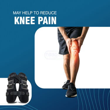 Person holding knee with text 'May help to reduce knee pain' and a pair of black shoes on a blue background.