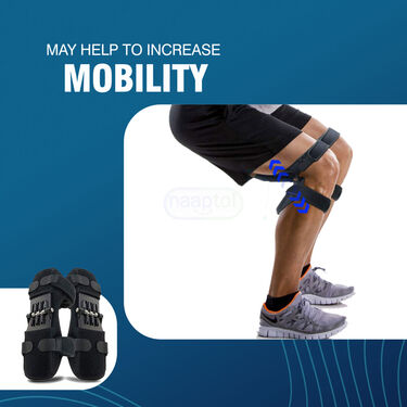 Person using a knee strap with text about increasing mobility on a blue background