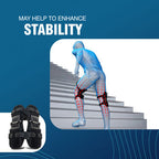 Stability enhancer device with a person climbing stairs on a blue background