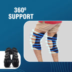 Knee support brace with 360° support text on a blue background