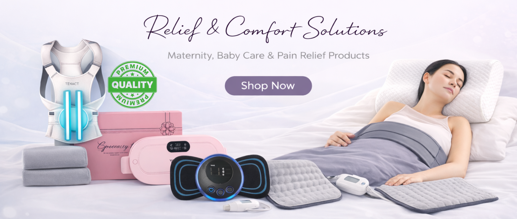 Relief and comfort solutions with a woman lying on a bed, surrounded by various products.