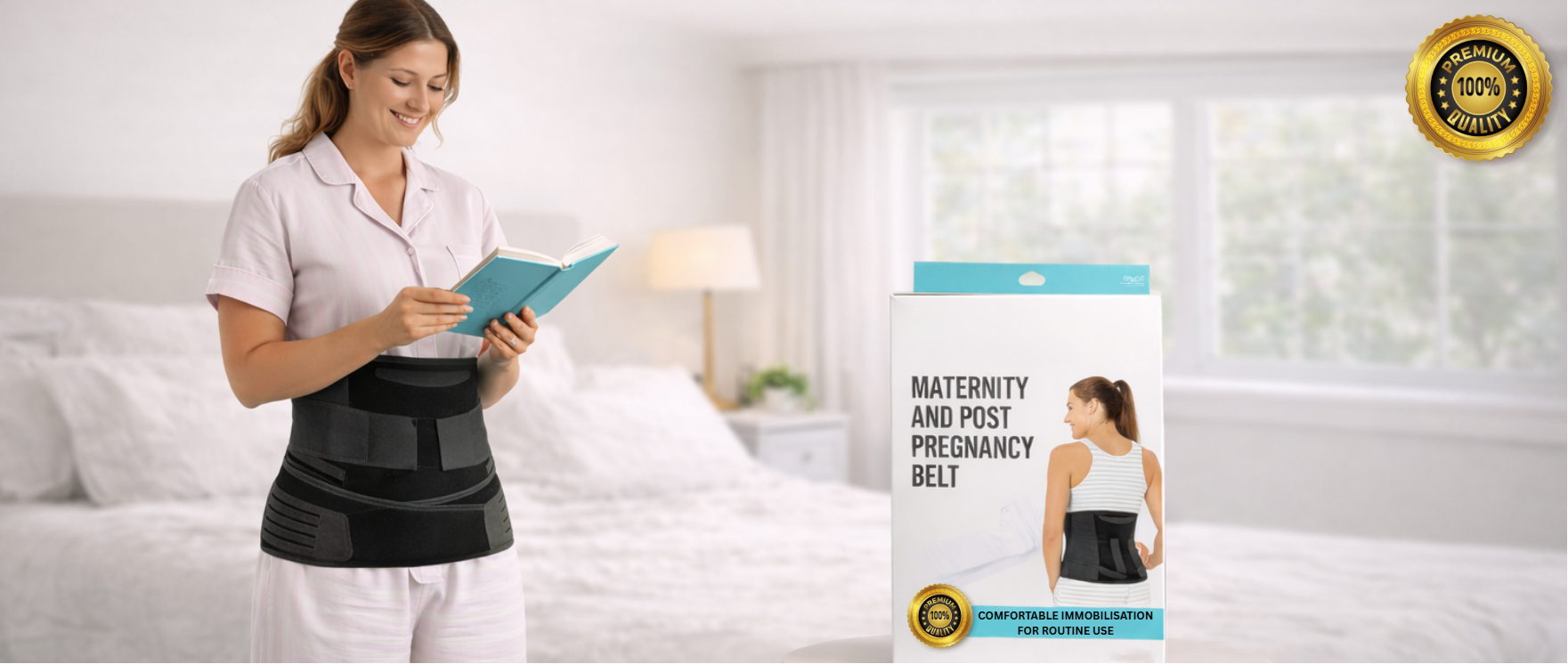 Woman wearing a maternity and post-pregnancy belt with a product packaging in the corner.