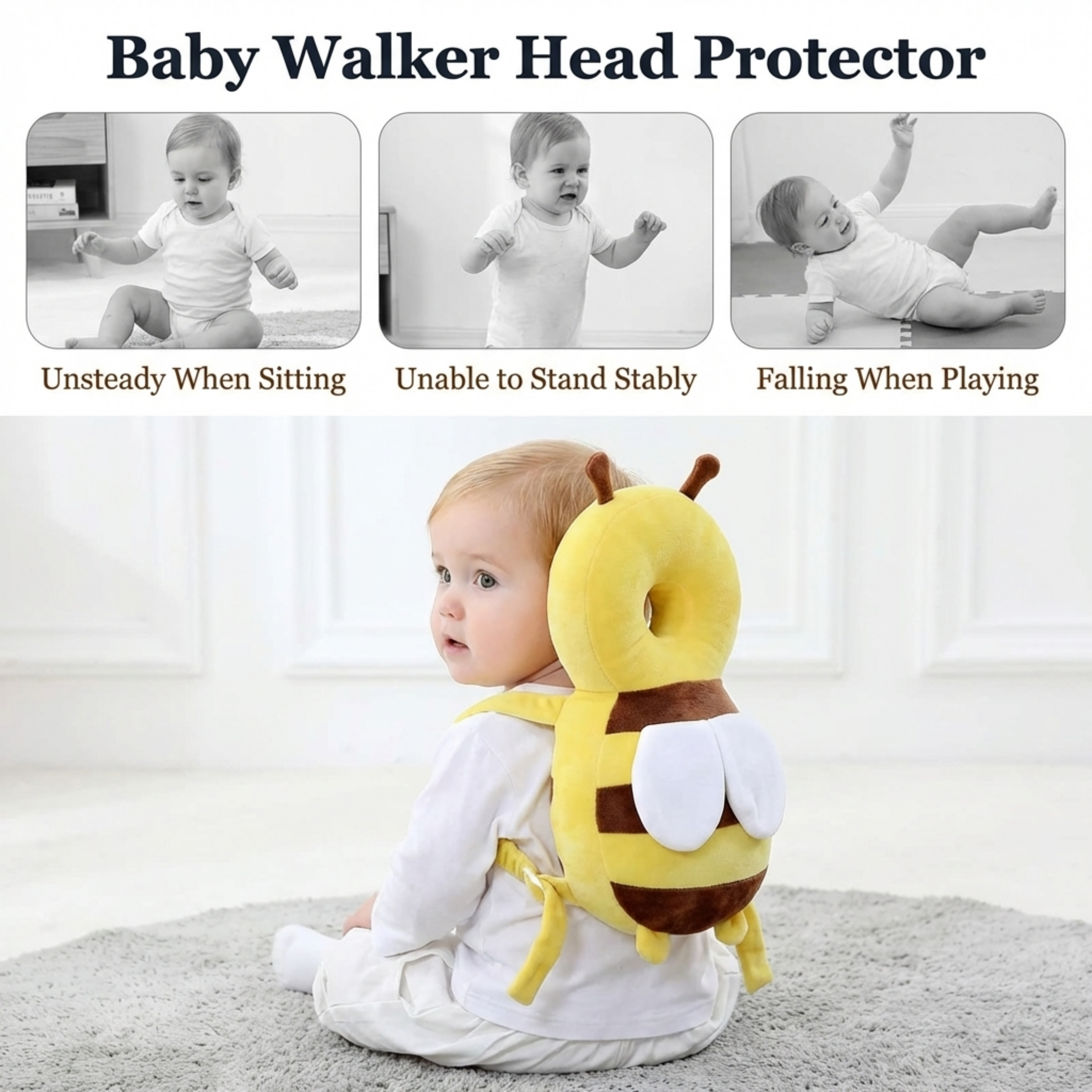 Baby Head Protector Pillow Safety Bee Yellow – Walk & Sleep Protection Pad