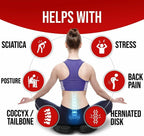 Person sitting with highlighted back areas, icons indicating health benefits on a white background