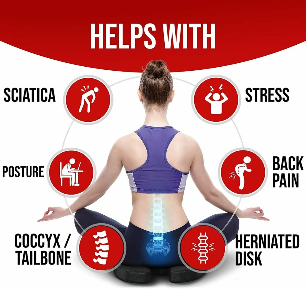 Person sitting with highlighted back areas, icons indicating health benefits on a white background