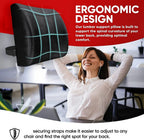 Ergonomic design lumbar support pillow with a woman relaxing in an office setting.