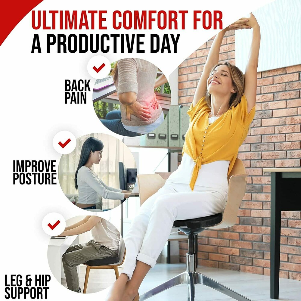 Woman stretching in a chair with text about comfort and productivity.