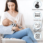Woman breastfeeding a baby using a sling with product features displayed on the right.