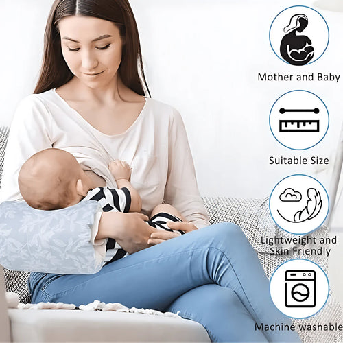 Woman breastfeeding a baby using a sling with product features displayed on the right.
