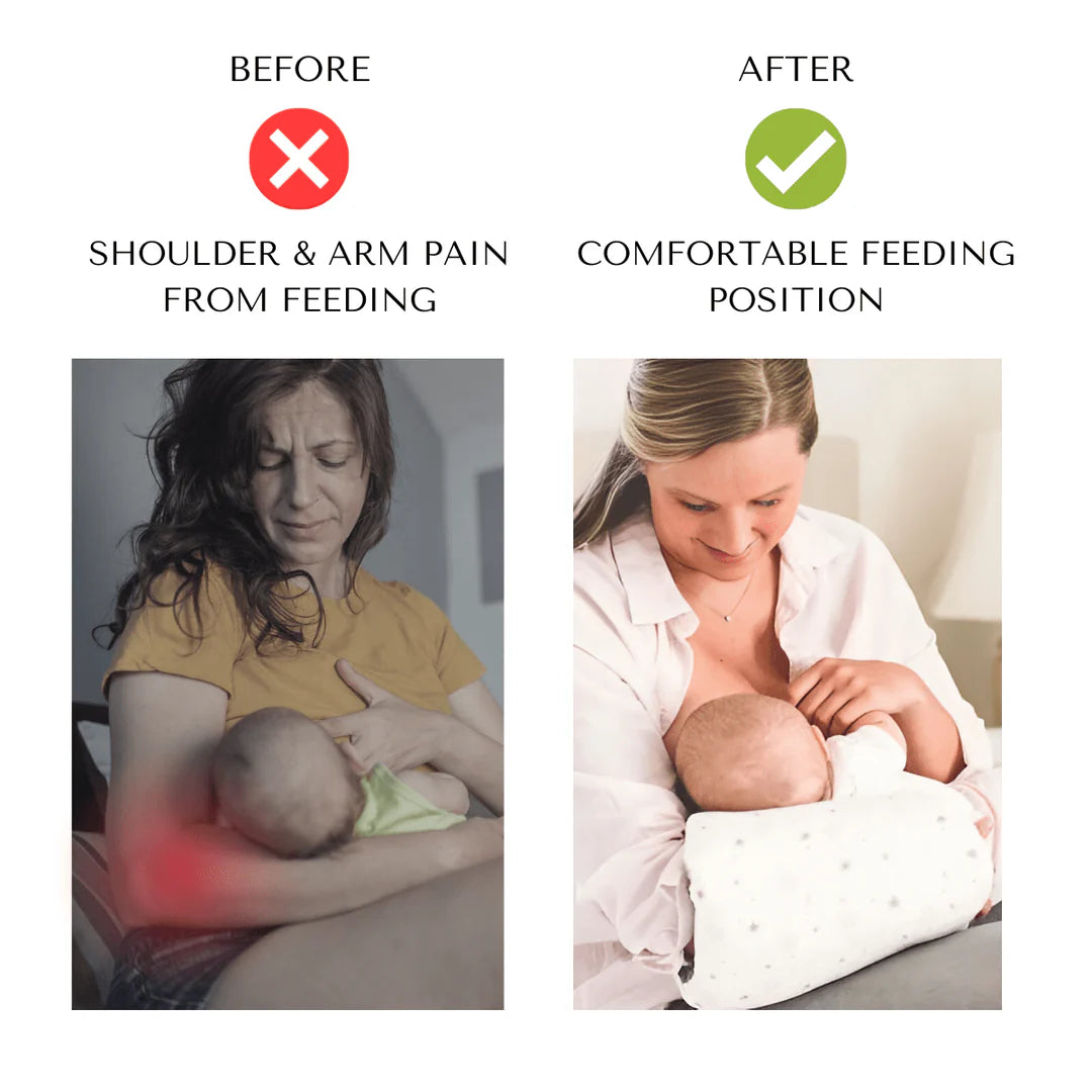 Before and after comparison of a woman breastfeeding with shoulder and arm pain on the left and comfortable feeding position on the right.