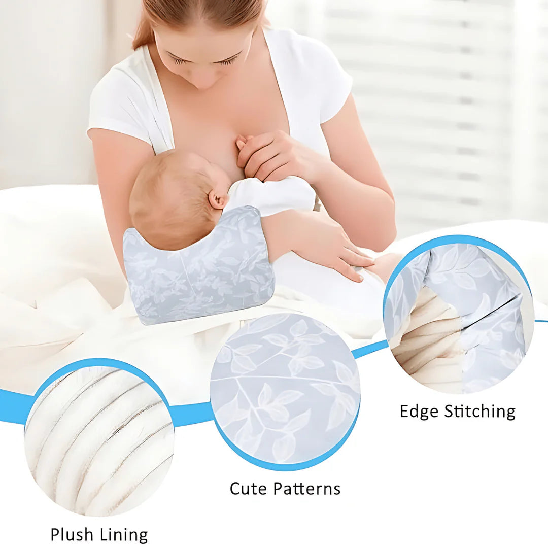 Woman breastfeeding a baby with a detailed view of the nursing pillow's features.